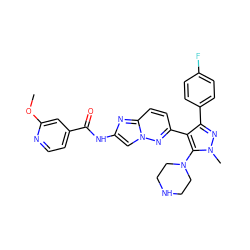 COc1cc(C(=O)Nc2cn3nc(-c4c(-c5ccc(F)cc5)nn(C)c4N4CCNCC4)ccc3n2)ccn1 ZINC000220873416