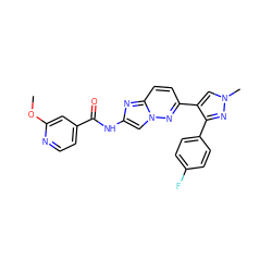 COc1cc(C(=O)Nc2cn3nc(-c4cn(C)nc4-c4ccc(F)cc4)ccc3n2)ccn1 ZINC001772636586