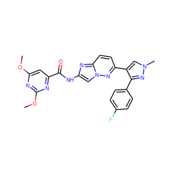 COc1cc(C(=O)Nc2cn3nc(-c4cn(C)nc4-c4ccc(F)cc4)ccc3n2)nc(OC)n1 ZINC001772639316