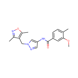 COc1cc(C(=O)Nc2cnn(Cc3c(C)noc3C)c2)ccc1C ZINC000115731640