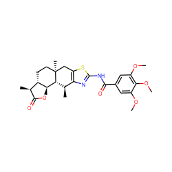 COc1cc(C(=O)Nc2nc3c(s2)C[C@]2(C)CC[C@H]4[C@H](C)C(=O)O[C@@H]4[C@H]2[C@@H]3C)cc(OC)c1OC ZINC000003839923
