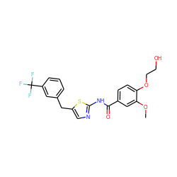 COc1cc(C(=O)Nc2ncc(Cc3cccc(C(F)(F)F)c3)s2)ccc1OCCO ZINC000043121551