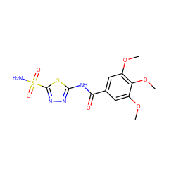 COc1cc(C(=O)Nc2nnc(S(N)(=O)=O)s2)cc(OC)c1OC ZINC000005925100