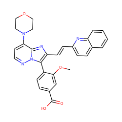 COc1cc(C(=O)O)ccc1-c1c(/C=C/c2ccc3ccccc3n2)nc2c(N3CCOCC3)ccnn12 ZINC001772593904