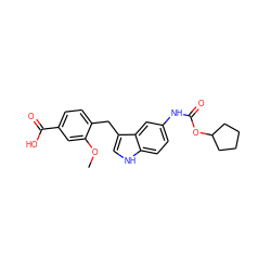 COc1cc(C(=O)O)ccc1Cc1c[nH]c2ccc(NC(=O)OC3CCCC3)cc12 ZINC000013650711