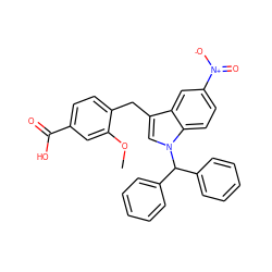 COc1cc(C(=O)O)ccc1Cc1cn(C(c2ccccc2)c2ccccc2)c2ccc([N+](=O)[O-])cc12 ZINC000013588145