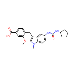 COc1cc(C(=O)O)ccc1Cc1cn(C)c2ccc(NC(=O)NC3CCCC3)cc12 ZINC000029475049