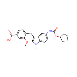 COc1cc(C(=O)O)ccc1Cc1cn(C)c2ccc(NC(=O)OC3CCCC3)cc12 ZINC000013650712