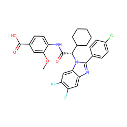 COc1cc(C(=O)O)ccc1NC(=O)[C@H](C1CCCCC1)n1c(-c2ccc(Cl)cc2)nc2cc(F)c(F)cc21 ZINC000066080250