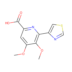 COc1cc(C(=O)O)nc(-c2cscn2)c1OC ZINC000000023639