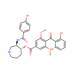 COc1cc(C(=O)O[C@@H]2CCCNC[C@H]2NC(=O)c2ccc(O)cc2)cc(OC)c1C(=O)c1c(O)cccc1O ZINC000014944121