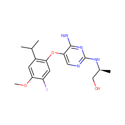 COc1cc(C(C)C)c(Oc2cnc(N[C@@H](C)CO)nc2N)cc1I ZINC000040972458