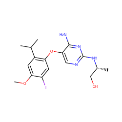 COc1cc(C(C)C)c(Oc2cnc(N[C@H](C)CO)nc2N)cc1I ZINC000040952937