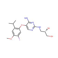 COc1cc(C(C)C)c(Oc2cnc(NC[C@H](O)CO)nc2N)cc1I ZINC000040953229