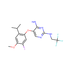 COc1cc(C(C)C)c(Oc2cnc(NCC(F)(F)F)nc2N)cc1I ZINC000040972515