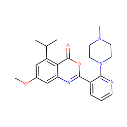 COc1cc(C(C)C)c2c(=O)oc(-c3cccnc3N3CCN(C)CC3)nc2c1 ZINC000043071570