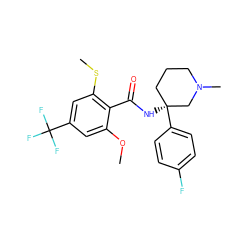 COc1cc(C(F)(F)F)cc(SC)c1C(=O)N[C@]1(c2ccc(F)cc2)CCCN(C)C1 ZINC000140093706