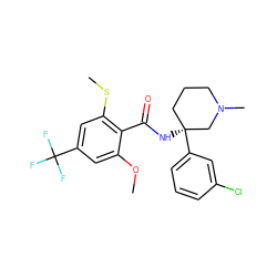 COc1cc(C(F)(F)F)cc(SC)c1C(=O)N[C@]1(c2cccc(Cl)c2)CCCN(C)C1 ZINC000141123538