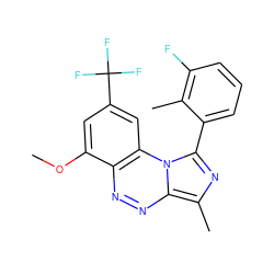 COc1cc(C(F)(F)F)cc2c1nnc1c(C)nc(-c3cccc(F)c3C)n12 ZINC000084687779