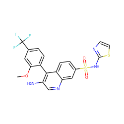COc1cc(C(F)(F)F)ccc1-c1c(N)cnc2cc(S(=O)(=O)Nc3nccs3)ccc12 ZINC000215507450
