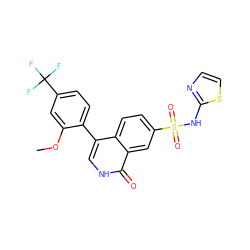 COc1cc(C(F)(F)F)ccc1-c1c[nH]c(=O)c2cc(S(=O)(=O)Nc3nccs3)ccc12 ZINC000215525092