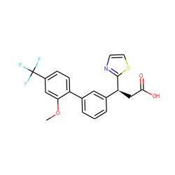 COc1cc(C(F)(F)F)ccc1-c1cccc([C@H](CC(=O)O)c2nccs2)c1 ZINC001772645582