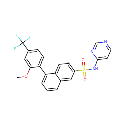 COc1cc(C(F)(F)F)ccc1-c1cccc2cc(S(=O)(=O)Nc3ccncn3)ccc12 ZINC000206127822