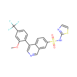 COc1cc(C(F)(F)F)ccc1-c1cncc2cc(S(=O)(=O)Nc3nccs3)ccc12 ZINC000215507524