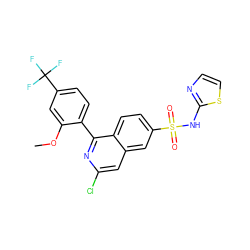 COc1cc(C(F)(F)F)ccc1-c1nc(Cl)cc2cc(S(=O)(=O)Nc3nccs3)ccc12 ZINC000215503623