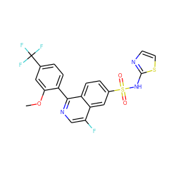 COc1cc(C(F)(F)F)ccc1-c1ncc(F)c2cc(S(=O)(=O)Nc3nccs3)ccc12 ZINC000225046880