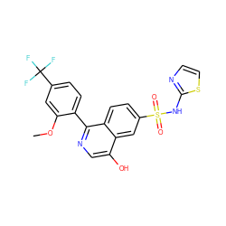 COc1cc(C(F)(F)F)ccc1-c1ncc(O)c2cc(S(=O)(=O)Nc3nccs3)ccc12 ZINC000215504637