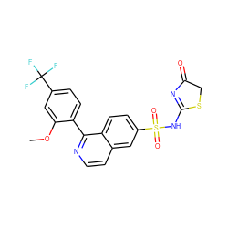 COc1cc(C(F)(F)F)ccc1-c1nccc2cc(S(=O)(=O)NC3=NC(=O)CS3)ccc12 ZINC000225060185