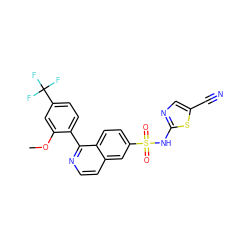 COc1cc(C(F)(F)F)ccc1-c1nccc2cc(S(=O)(=O)Nc3ncc(C#N)s3)ccc12 ZINC000225116712