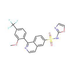 COc1cc(C(F)(F)F)ccc1-c1nccc2cc(S(=O)(=O)Nc3ncco3)ccc12 ZINC000225122855