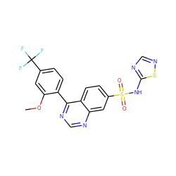 COc1cc(C(F)(F)F)ccc1-c1ncnc2cc(S(=O)(=O)Nc3ncns3)ccc12 ZINC000225087170
