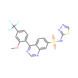 COc1cc(C(F)(F)F)ccc1-c1ncnc2cc(S(=O)(=O)Nc3nncs3)ccc12 ZINC000225062604