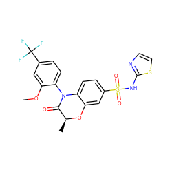COc1cc(C(F)(F)F)ccc1N1C(=O)[C@H](C)Oc2cc(S(=O)(=O)Nc3nccs3)ccc21 ZINC000220243694