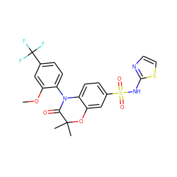 COc1cc(C(F)(F)F)ccc1N1C(=O)C(C)(C)Oc2cc(S(=O)(=O)Nc3nccs3)ccc21 ZINC000220253129