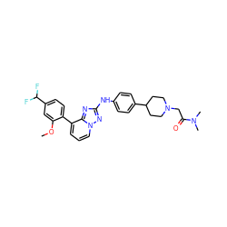 COc1cc(C(F)F)ccc1-c1cccn2nc(Nc3ccc(C4CCN(CC(=O)N(C)C)CC4)cc3)nc12 ZINC000096169844