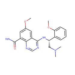 COc1cc(C(N)=O)c2ncnc(N[C@@H](CN(C)C)c3ccccc3OC)c2c1 ZINC000114344249