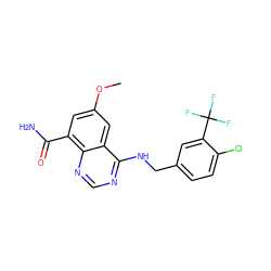 COc1cc(C(N)=O)c2ncnc(NCc3ccc(Cl)c(C(F)(F)F)c3)c2c1 ZINC000114347654