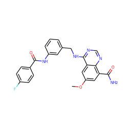 COc1cc(C(N)=O)c2ncnc(NCc3cccc(NC(=O)c4ccc(F)cc4)c3)c2c1 ZINC000114345070