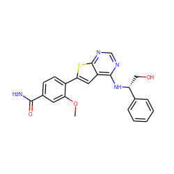 COc1cc(C(N)=O)ccc1-c1cc2c(N[C@H](CO)c3ccccc3)ncnc2s1 ZINC000653695779