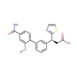 COc1cc(C(N)=O)ccc1-c1cccc([C@H](CC(=O)O)c2nccs2)c1 ZINC001772574569