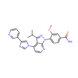 COc1cc(C(N)=O)ccc1-n1nc(C(C)C)c2c(-n3cnc(-c4cccnc4)c3)ccnc21 ZINC000169703544