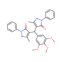 COc1cc(C(c2c(C)[nH]n(-c3ccccc3)c2=O)c2c(C)[nH]n(-c3ccccc3)c2=O)cc(OC)c1OC ZINC000100510998