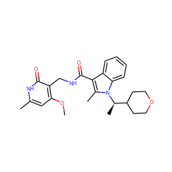 COc1cc(C)[nH]c(=O)c1CNC(=O)c1c(C)n([C@H](C)C2CCOCC2)c2ccccc12 ZINC000205767583