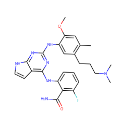 COc1cc(C)c(CCCN(C)C)cc1Nc1nc(Nc2cccc(F)c2C(N)=O)c2cc[nH]c2n1 ZINC000040848373