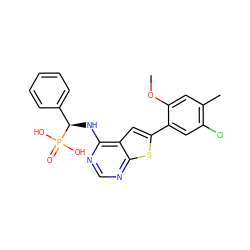 COc1cc(C)c(Cl)cc1-c1cc2c(N[C@H](c3ccccc3)P(=O)(O)O)ncnc2s1 ZINC001772594242