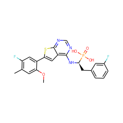 COc1cc(C)c(F)cc1-c1cc2c(N[C@H](Cc3cccc(F)c3)P(=O)(O)O)ncnc2s1 ZINC001772641899